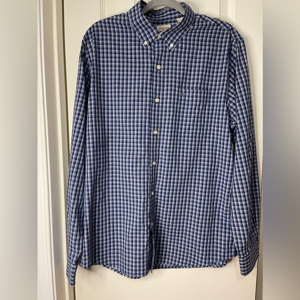 Dockers Men’s Blue Plaid Casual Button Up Cotton Blend Shirt Size Large